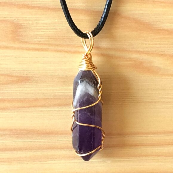 Amethyst Natural Gemstone Hexagonal Point Gold Wire Wrapped Pendant - Picture 2 of 4